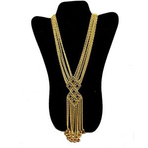 Vtg 70s Goldette Antique Gold Tone Bezel set Amber Crystal Necklace